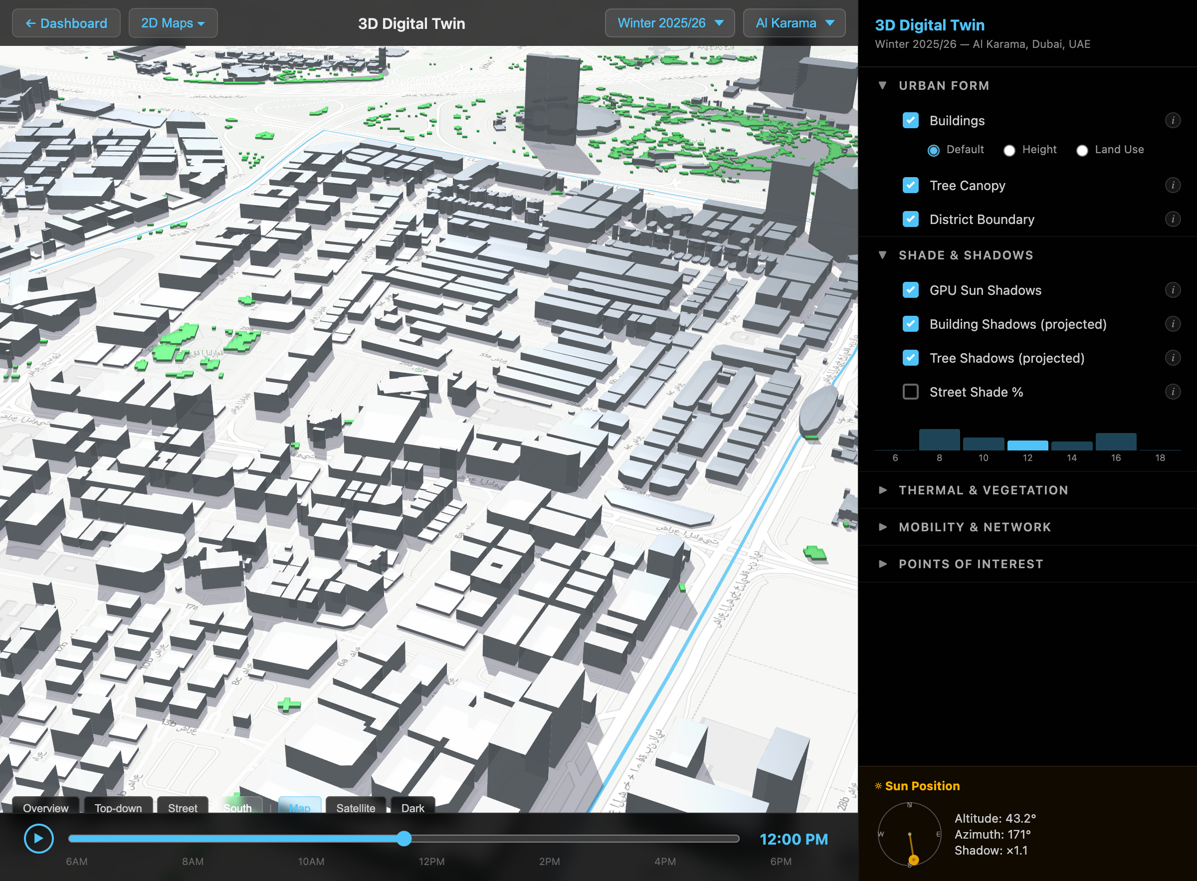 3D viewer — Winter 2025/26, noon, south view